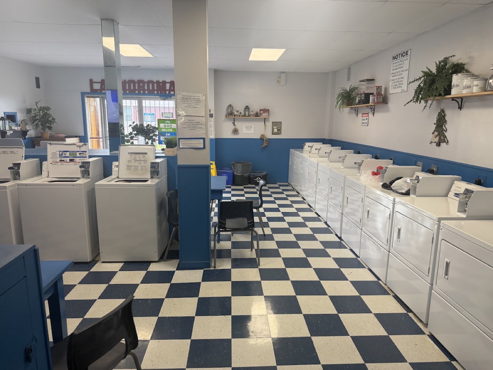 Inside the laundromat: rows of white washers and dryers on a blue and white checkered floor